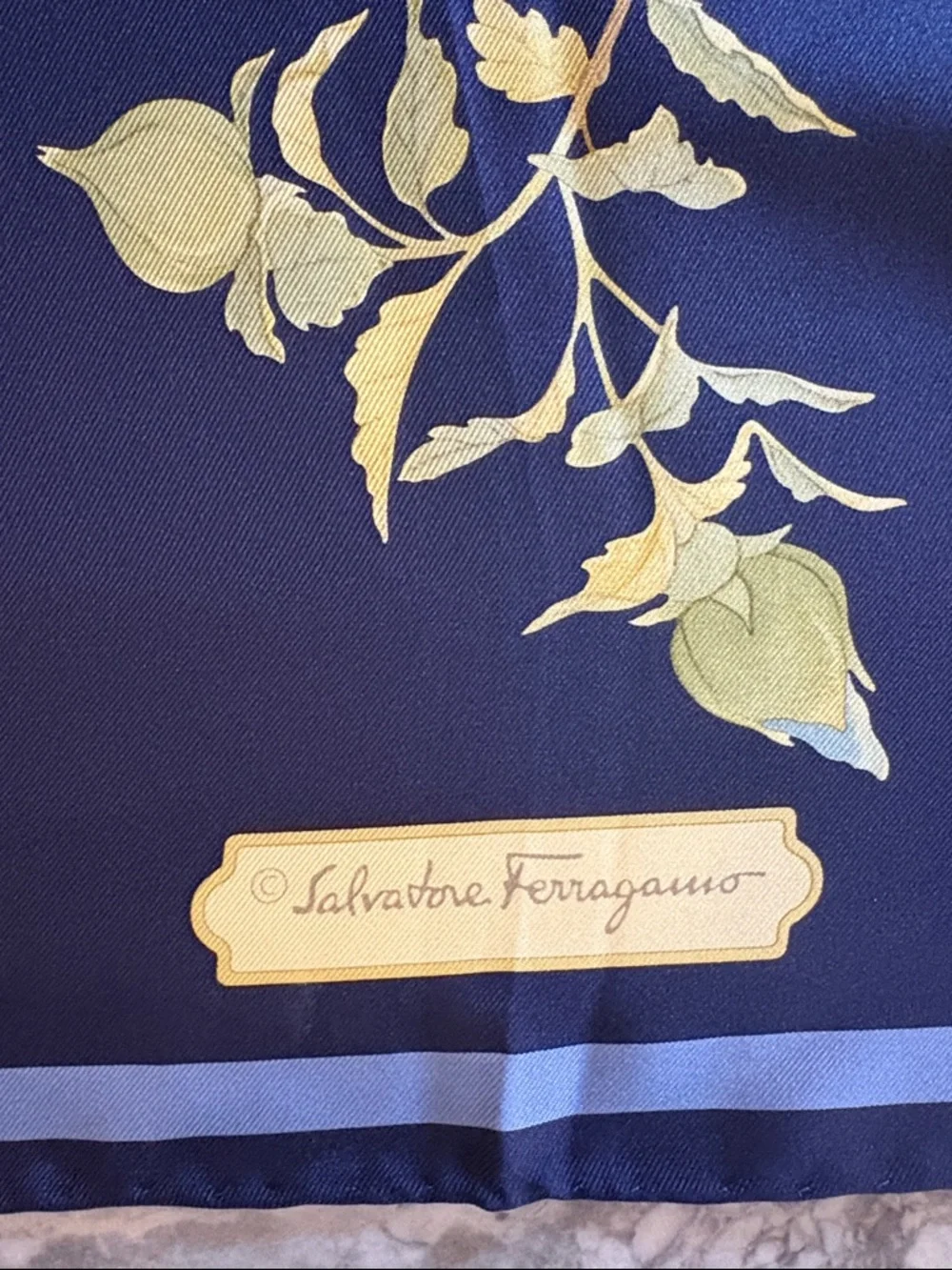 Salvatore Ferragamo Floral Silk Scarf in Navy with Pastel Blooms